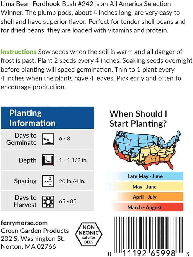 Lima Bean Fordhook Bush #242 Seed Bundle- 10 Pack